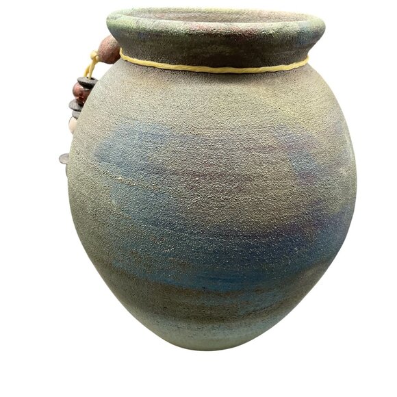 Handcrafted Raku Ceramic Vase With Beaded Feather Decor Signed Jeremy Diller 6"H - Picture 4 of 6